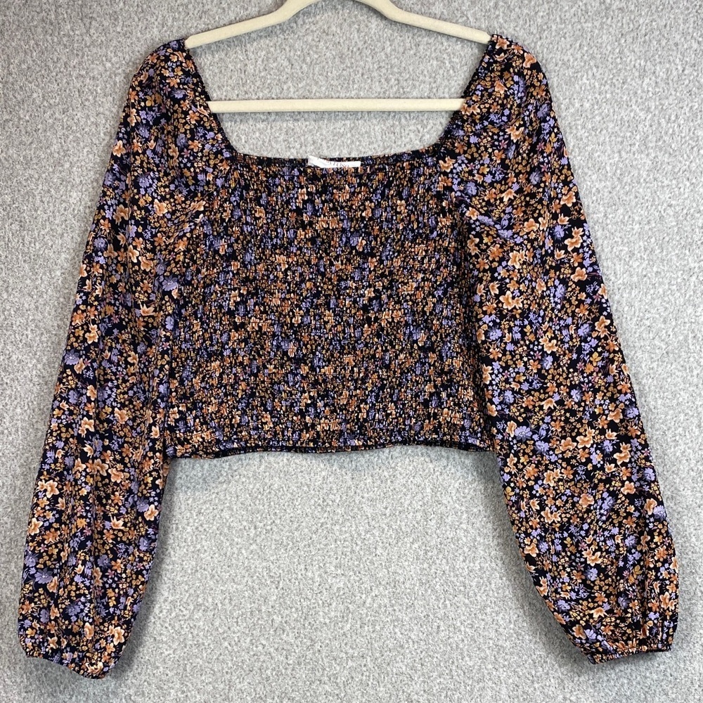 Pink Rose dark floral boho blouse L smocked puffy sleeves cropped whimsigoth Y2K